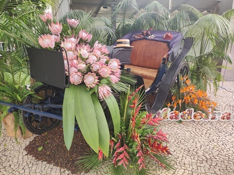 Kareta z kwiatów na Festiwalu Kwiatów w Funchal | Madera 2026 Widok na przepięknie zdobioną karetę, całą pokrytą żywymi kwiatami, która jest centralnym punktem parady Festa da Flor w Funchal. Zdjęcie oddaje magię najsłynniejszej wiosennej imprezy na Maderze, która co roku (2026-2028) przyciąga miłośników kwiatów z całego świata.