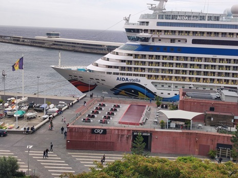 Widok na hotel Pestana CR7 z ogrodu Santa Catarina w Funchal | Madeira Panorama Funchal: widok z parku Jardim de Santa Catarina na hotel Pestana CR7 i port z zatoką